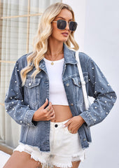 Washed Beading Raw Hem Denim Jacket