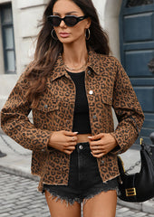Leopard Print Raw Hem Denim Casual Jacket