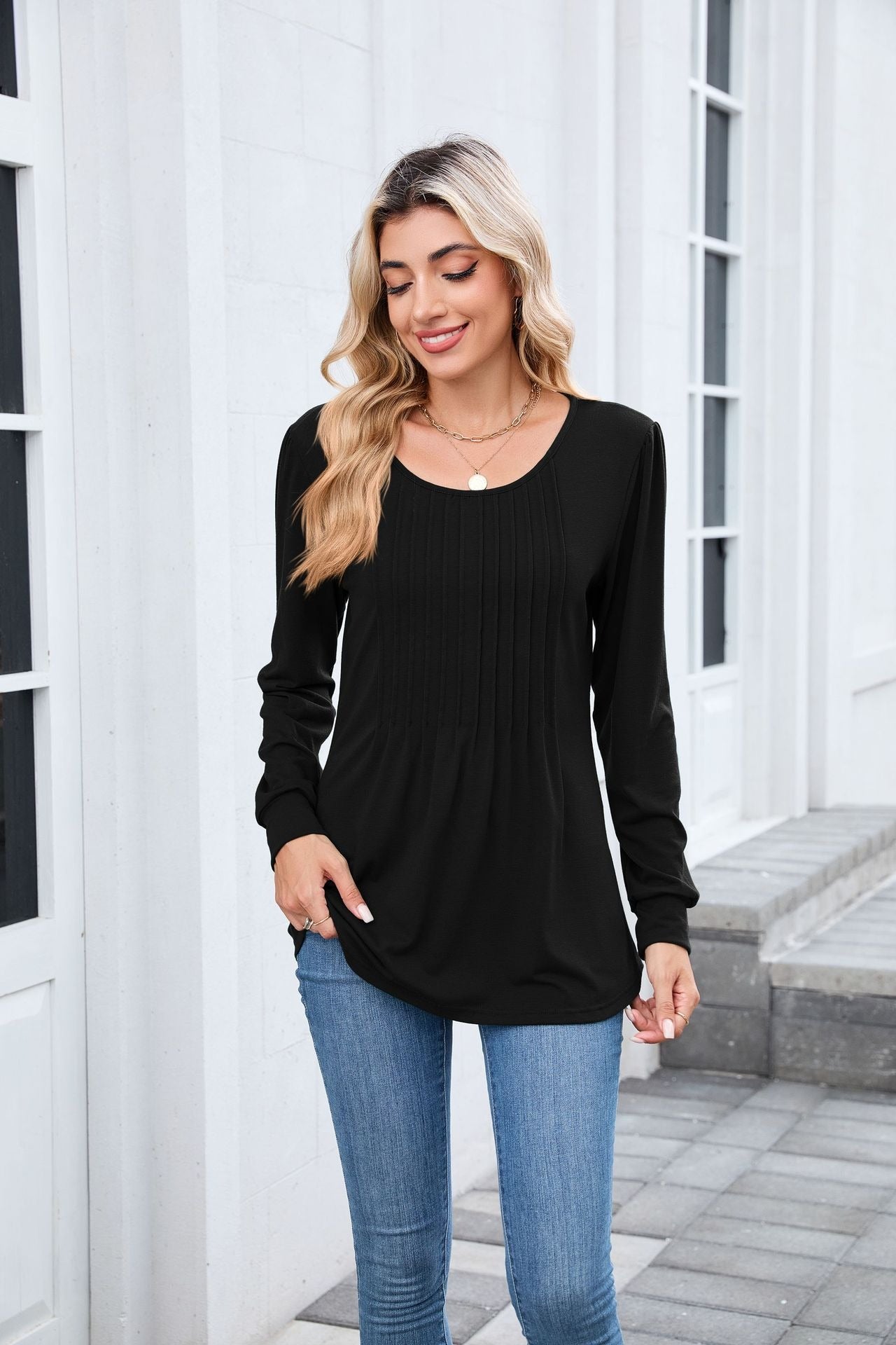 Pleated Crew Neck Long Sleeve Tunic