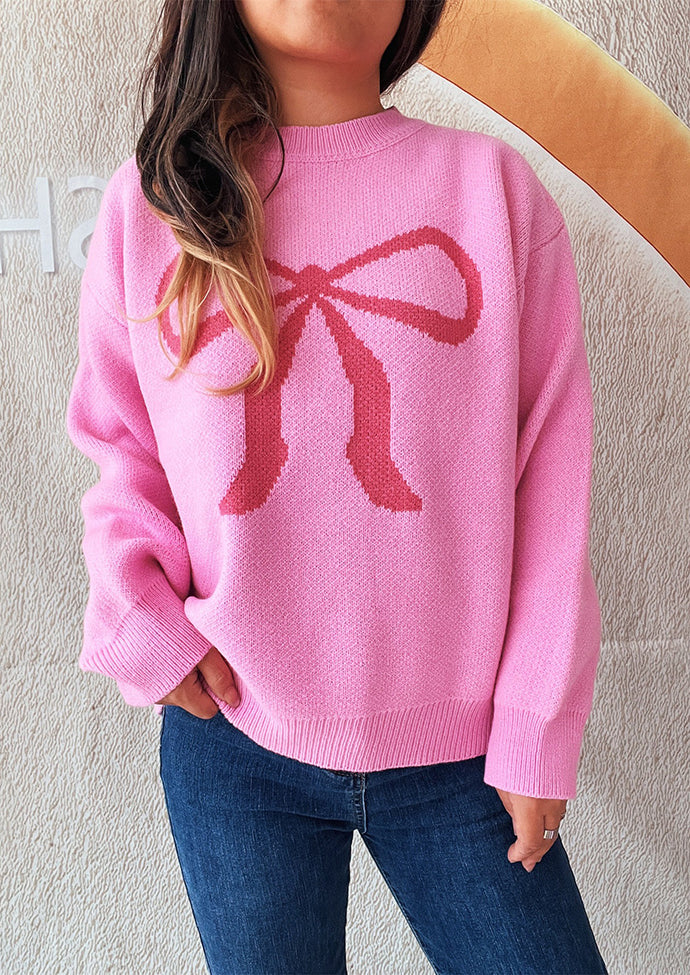 Crew Neck Pattern Bow Knitted Sweater