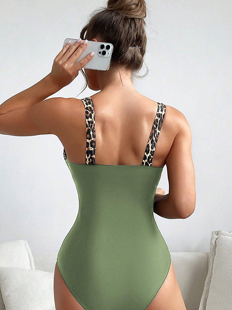 Leopard Print Patchwork One Piece Swimwear