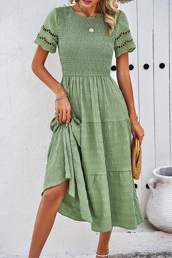 Camel Smocked Tiered Midi Dress Light green - Dresses from Cindelily