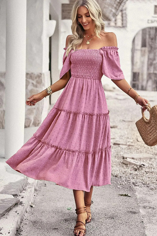 Jacquard Smocked Bodice Tiered Midi Dress Dusty pink - Dresses from Cindelily