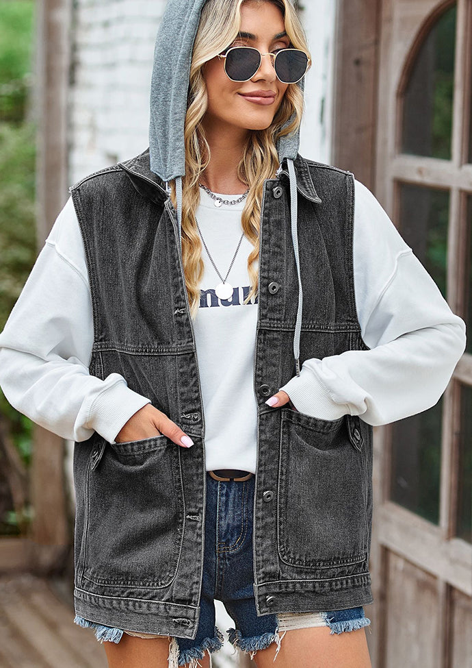 Button Up Hooded Denim Vest with Pockets