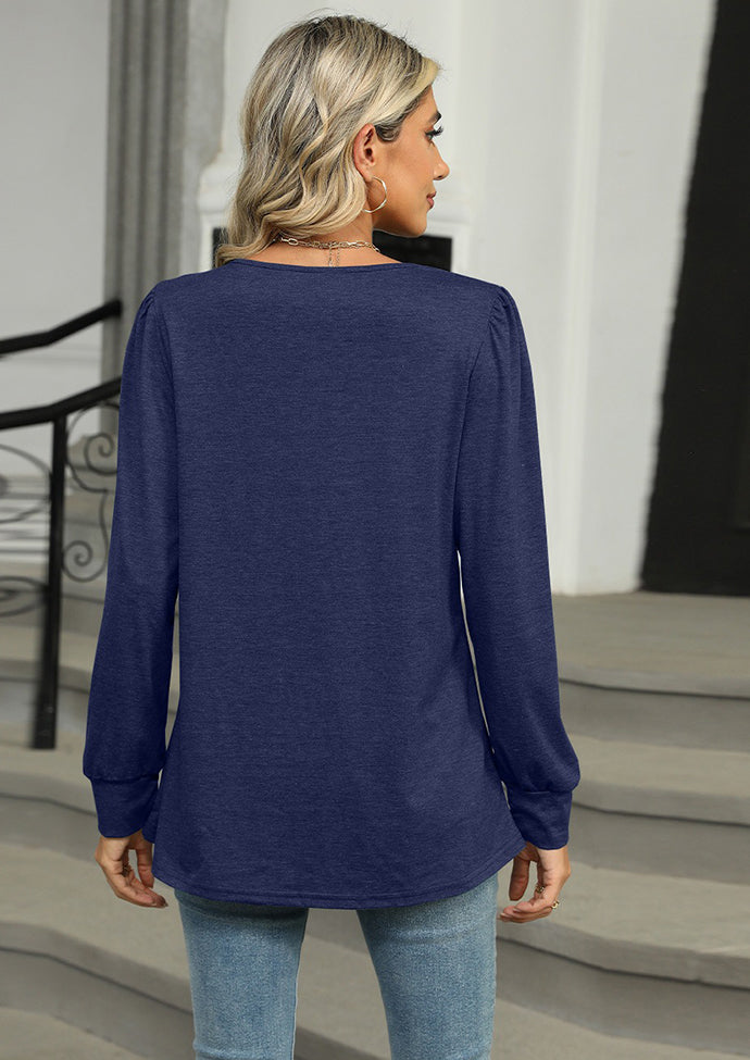 Solid Pleated Long Sleeve Casual T-shirt