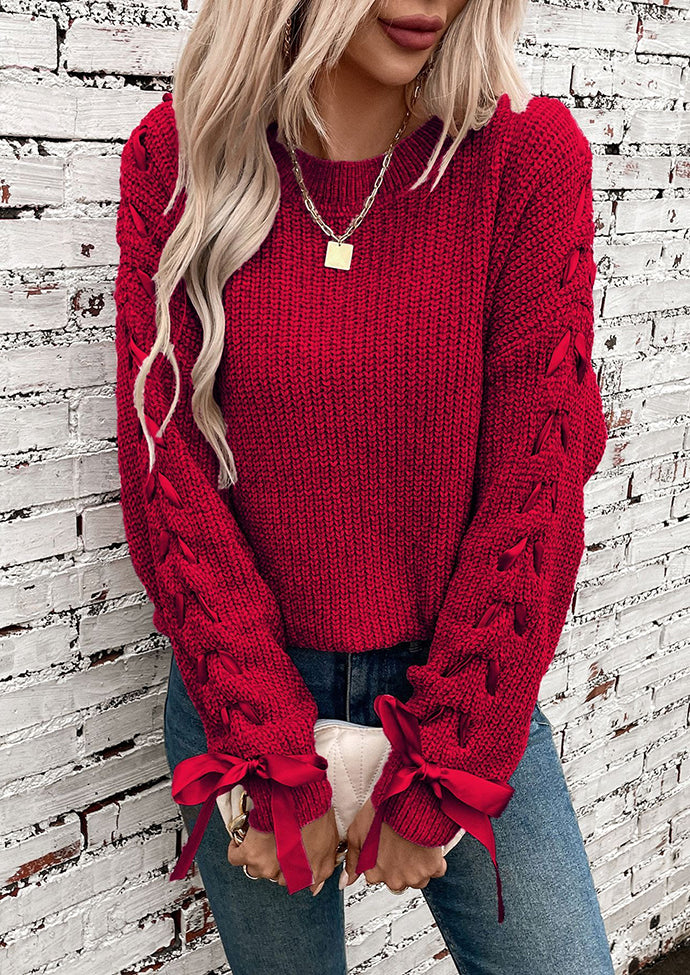 Lace Up Bow Tie Knitted Sweater