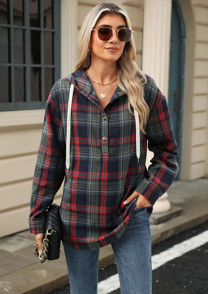Plaid Button Up Hooded Tie Detail Casual Blouse