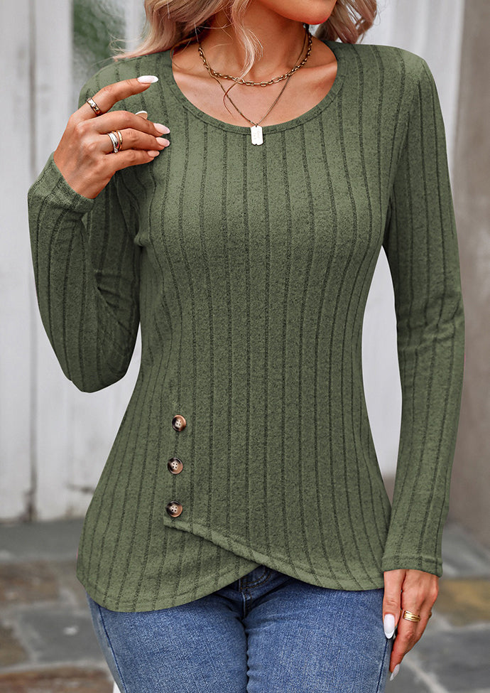 Crossed Hem Button Detail Textured Casual T-shirt