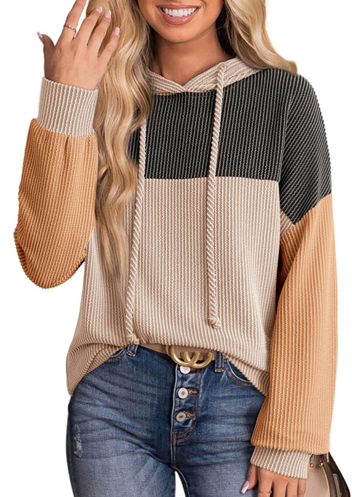 Tie Detail Textured Color Block Casual Hoodie