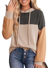 Tie Detail Textured Color Block Casual Hoodie