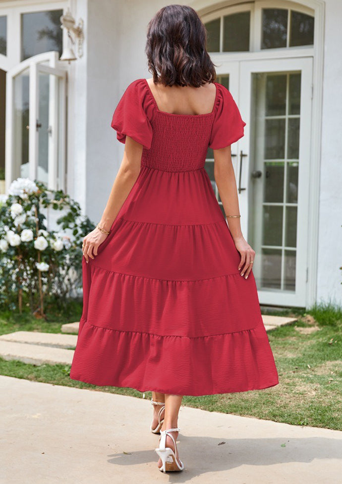 Square Neckline Puff Sleeve Smocked Maxi Dress