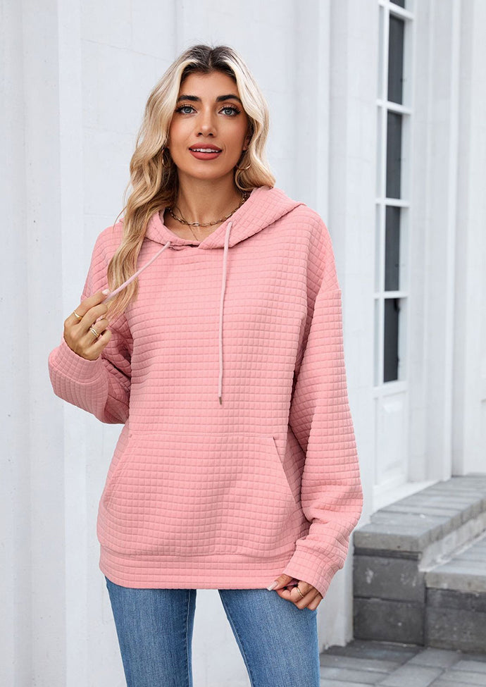 Textured Tie Front Pocket Detail Casual Hoodie