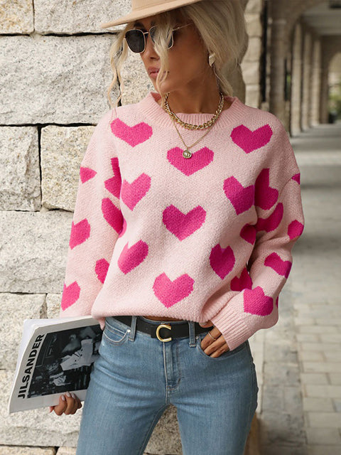 Heart Pattern Crew Neck Knitted Sweater