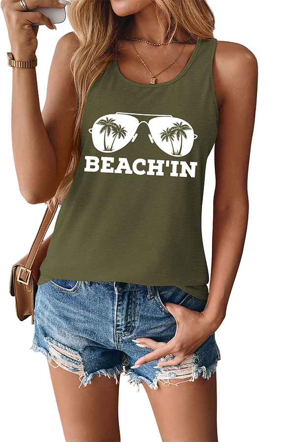 BEACH'IN Graphic Racerback Tank Top Army green - Tops from Cindelily