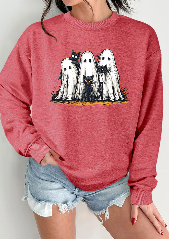 Spooky Cat Print Crew Neck Sweatshirt