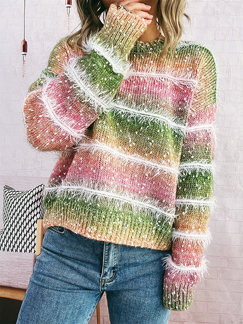 Ombre Fluffy Multi-color Stripe Knitted Sweater