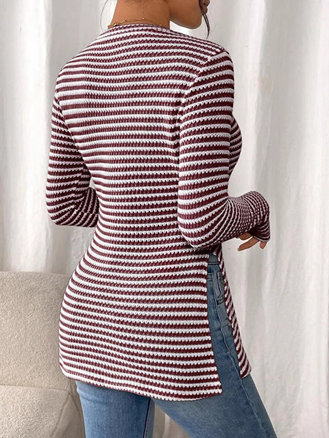 Striped Side Split Long Sleeve Top