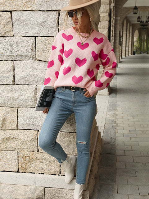 Heart Pattern Crew Neck Knitted Sweater