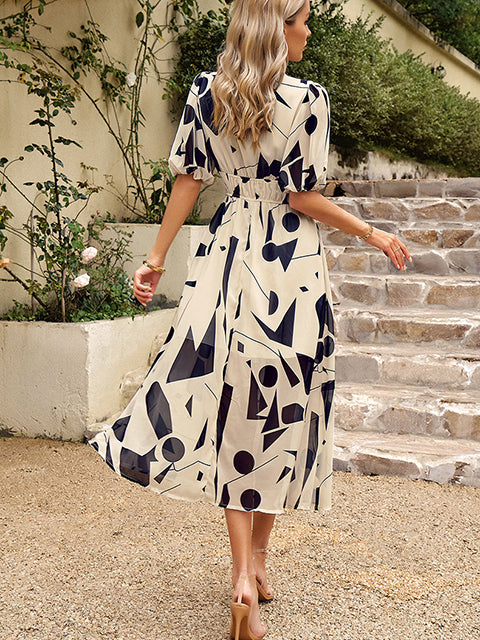 Floral Smocked Waist V Neck Chiffon Maix Dress
