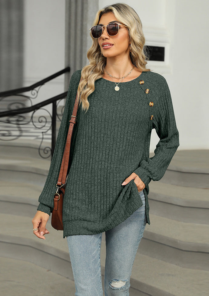 Raglan Sleeve Button Detail Side Split Tunic