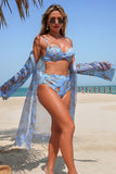 Vintage Print Bikini & Sheer Cover-Up 3-Piece Swim Set - Swimwear from Cindelily