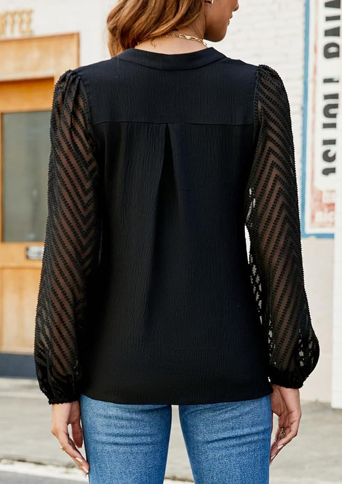 V Neck Lace Sleeve Patchwork Chiffon Blouse