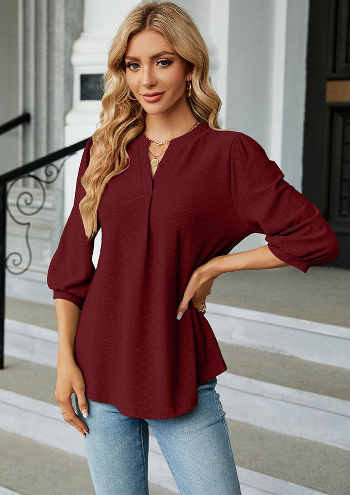 Jacquard Half Sleeve V Neck Casual Blouse