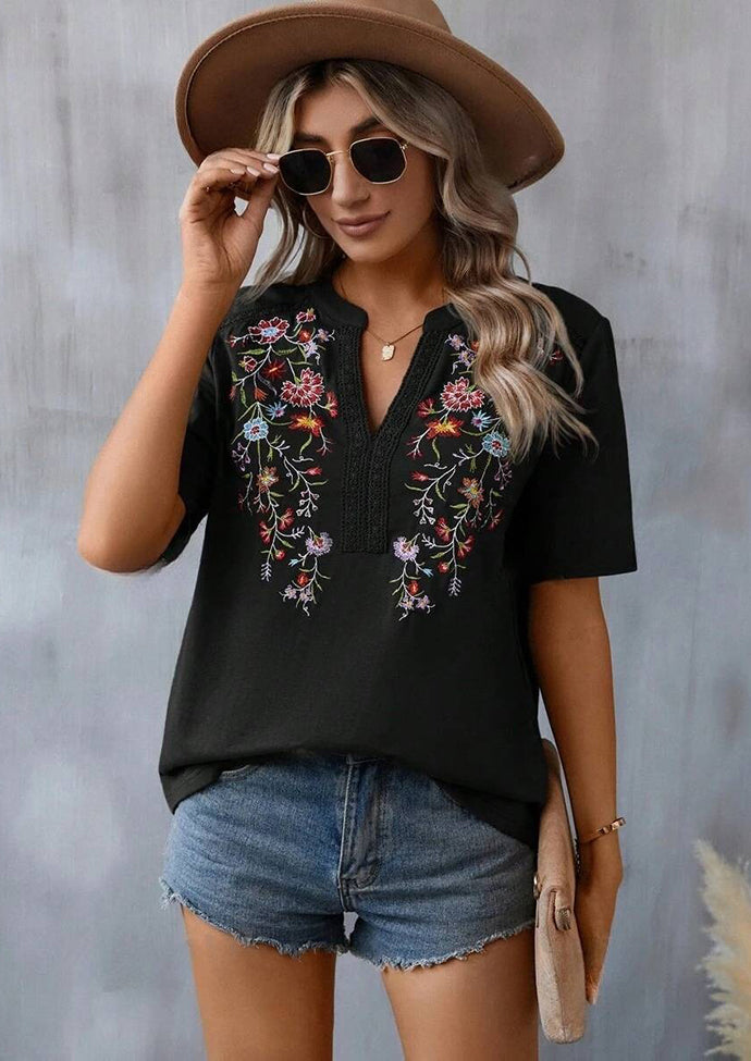 Embroidery Lace Inset V Neck T-shirt