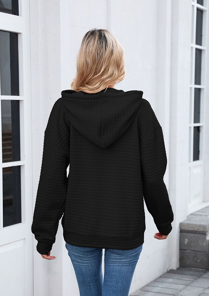Textured Tie Front Pocket Detail Casual Hoodie