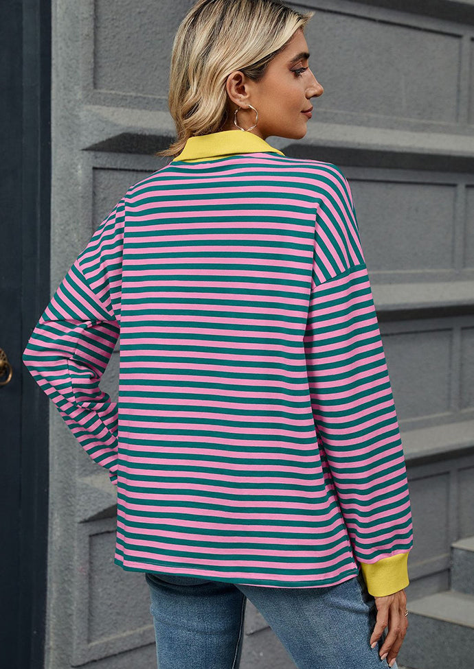 Stripe Color Block V Neck Casual Top