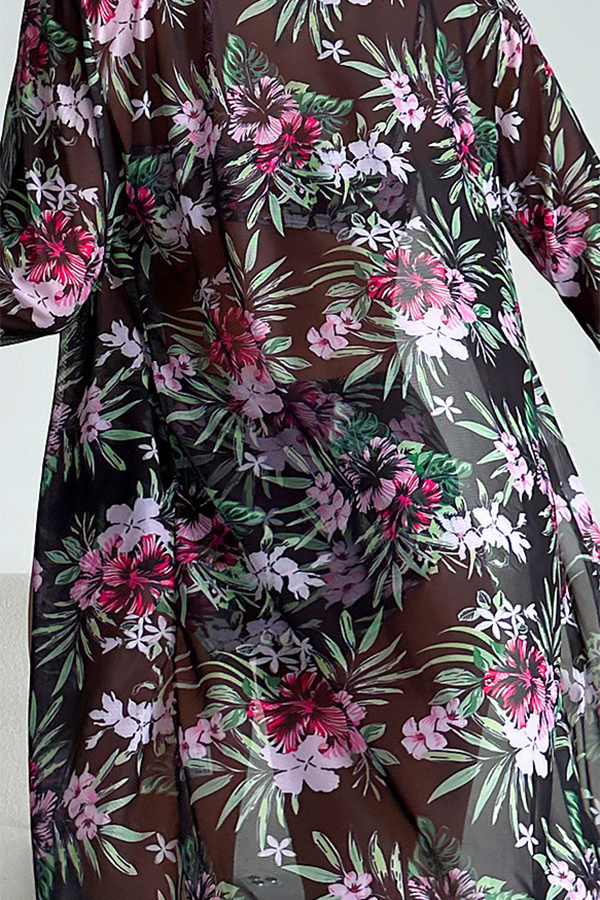 Floral Bikini & Sheer Cover-Up 3-Piece Set - Swimwear from Cindelily