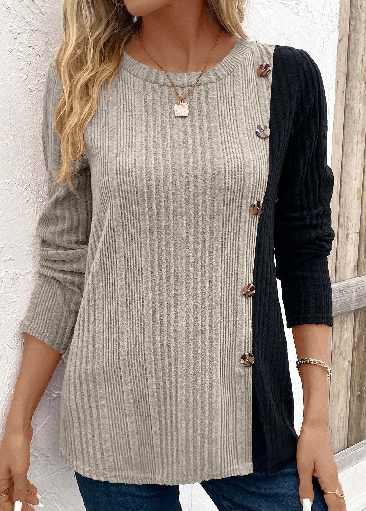 Color Block Button Detail Long Sleeve T-shirt