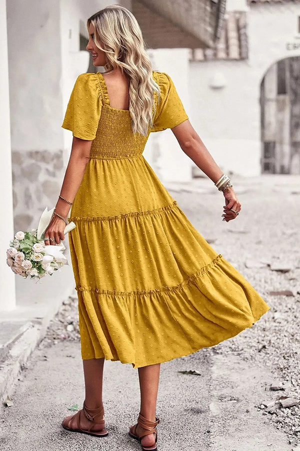 Jacquard Smocked Bodice Tiered Midi Dress - Dresses from Cindelily