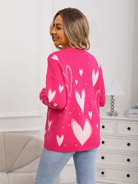 Heart Jacquard Knitted Crew Neck Sweater