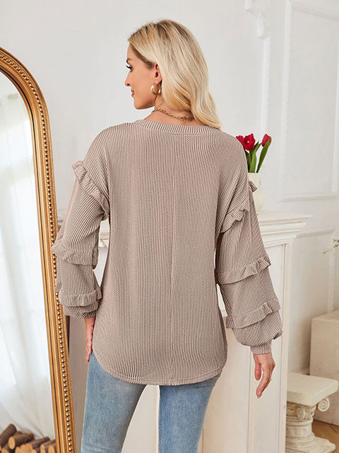 Ruffled Long Sleeve Crew Newck T-shirt