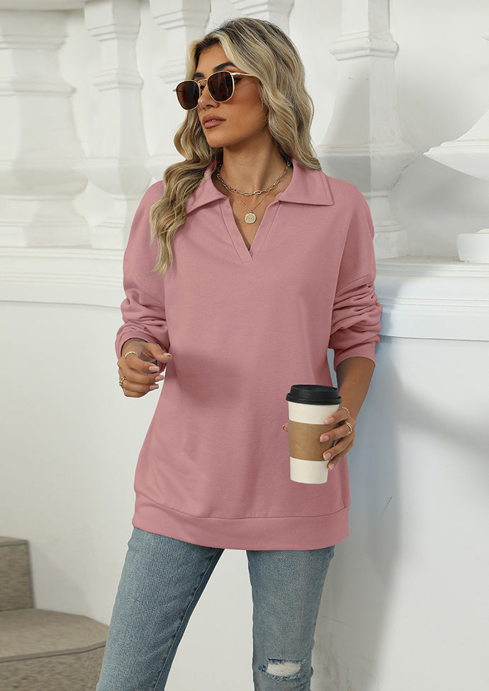 Solid Turndown Collar V Neck Sweatshirt