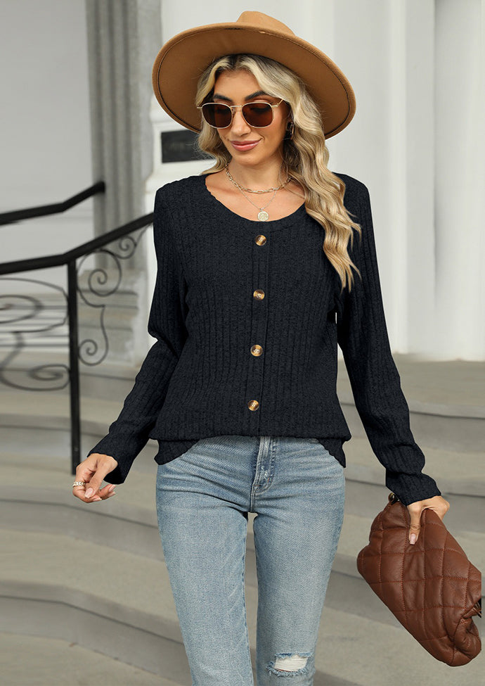 Button Detail Crew Neck Textured Casual Tunic