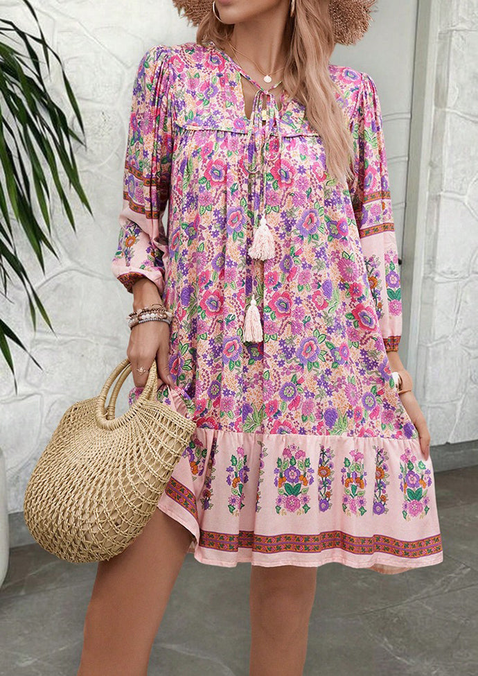 Tie Detail Floal Boho Mini Dress