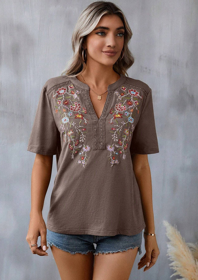 Embroidery Lace Inset V Neck T-shirt