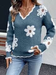 Floral Jacquard Knit V-neck Sweater