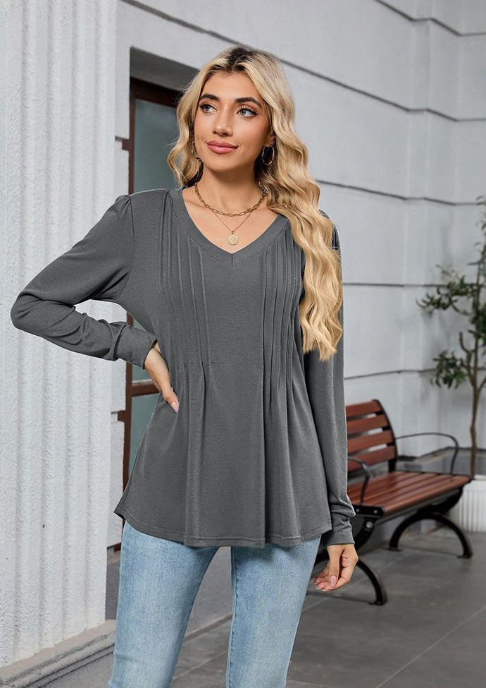 V Neck Pleated Long Sleeve Casual Tunic