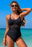 Mesh-Paneled One-Piece Swimsuit Black - Swimwear from Cindelily