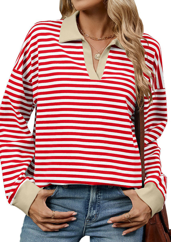 Stripe Color Block V Neck Casual Top