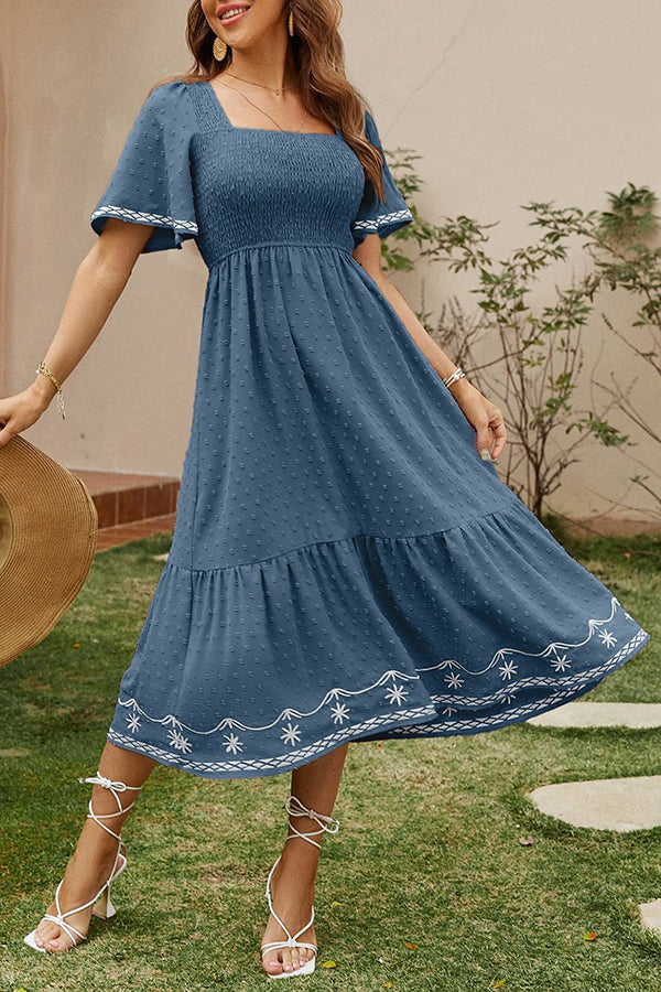 Textured Smocked Midi Dress with Embroidered Trim Navy blue - Dresses from Cindelily