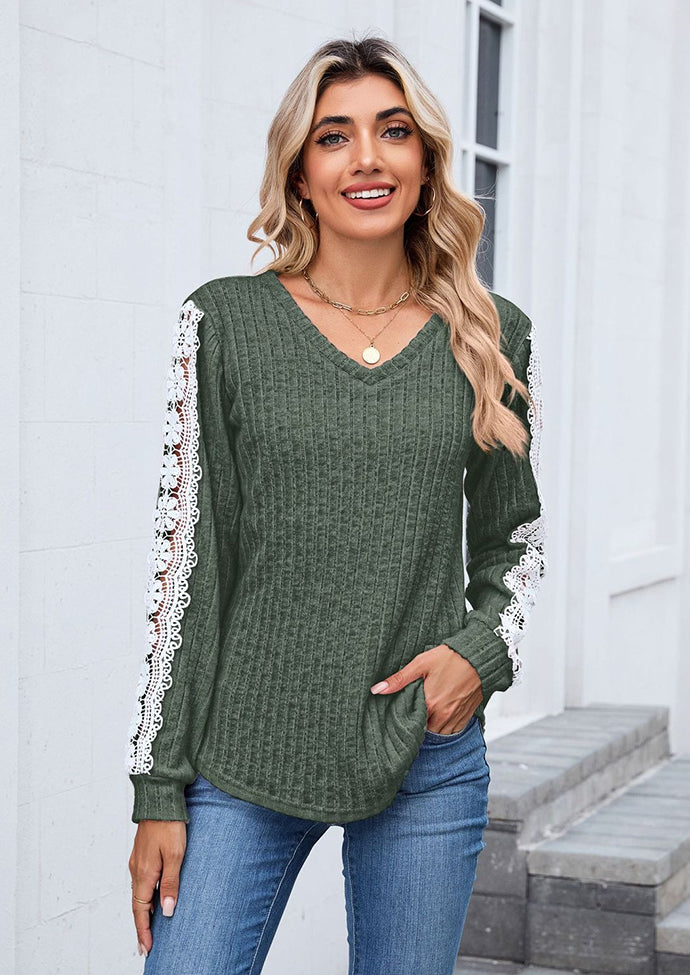Lace Inset V Neck Long Sleeve T-shirt