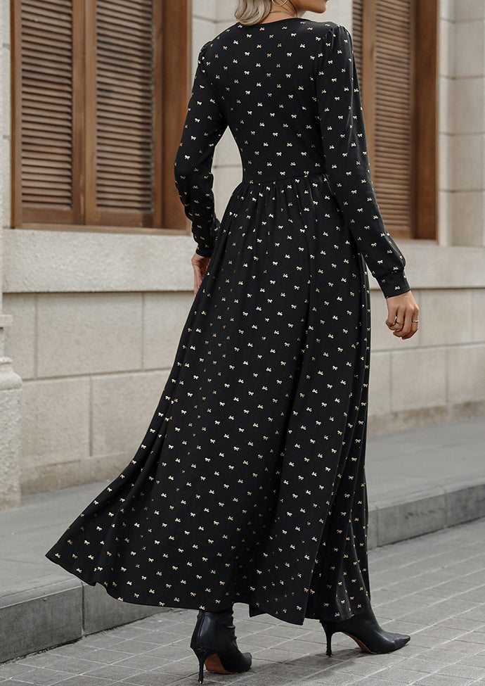Retro Lace Inset V Neck Bow Print Maxi Dress
