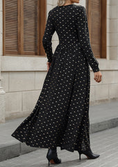 Retro Lace Inset V Neck Bow Print Maxi Dress