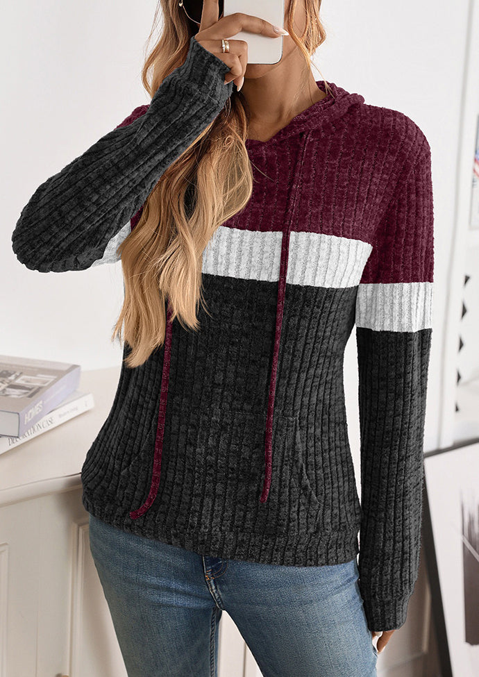 Color Block Casual Hoodie with Front Pocket
