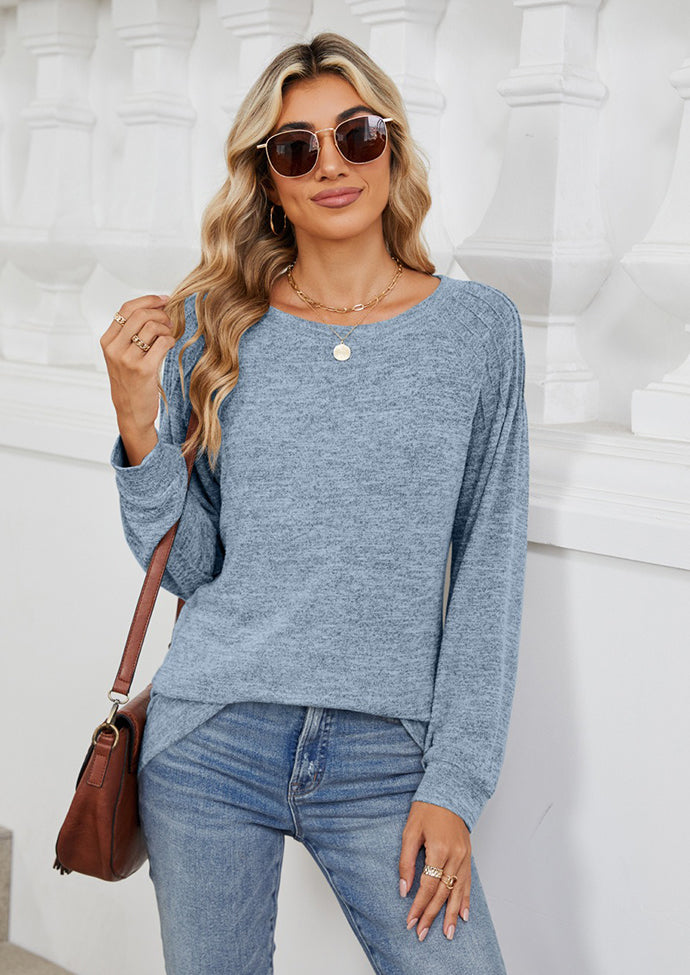 Pleated Long Sleeve Crew Neck Casual T-shirt