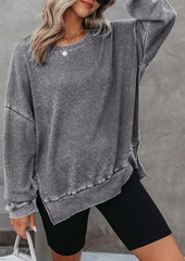 Crew Neck Side Split Waffle Sweatshirt
